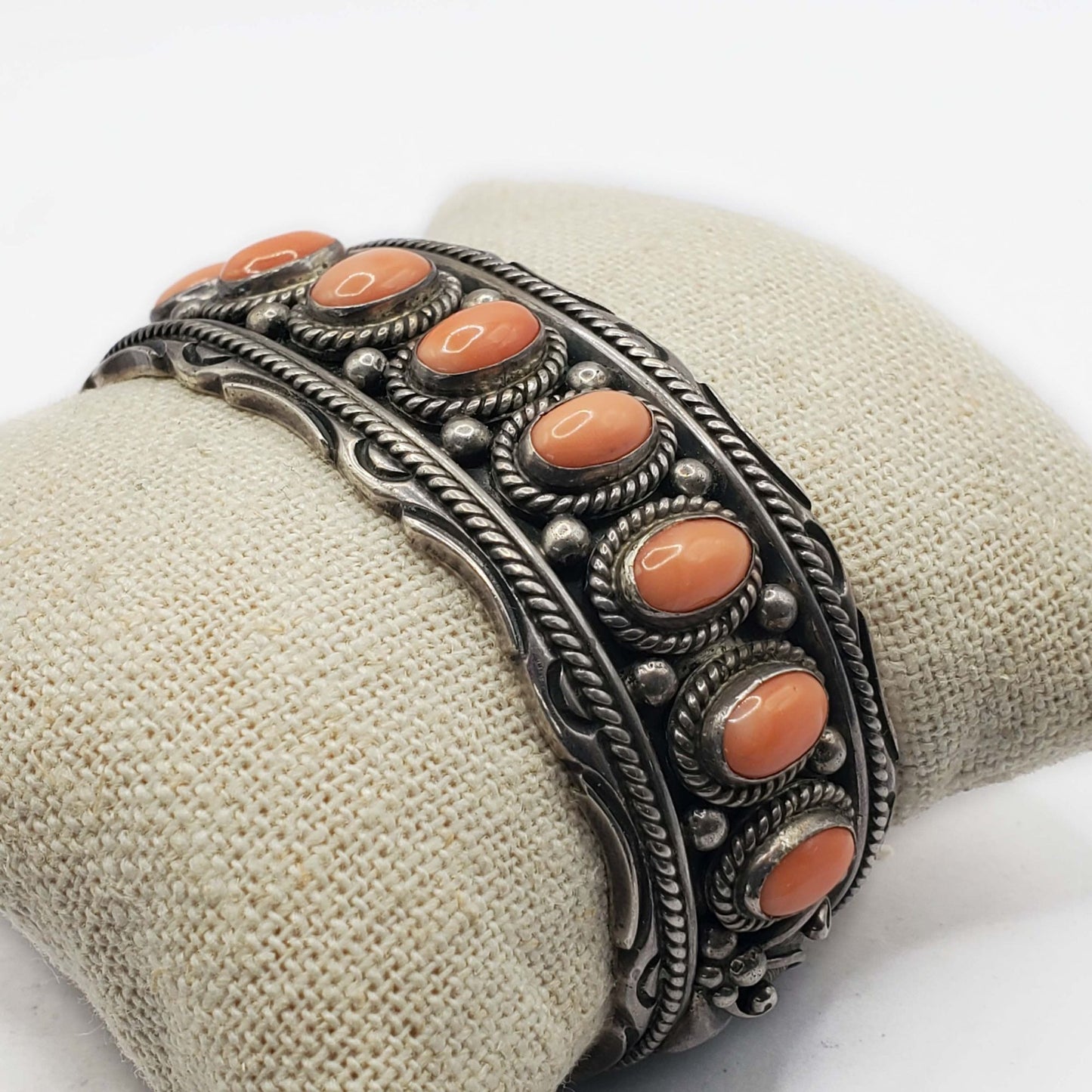 George Begay Navajo Salmon Pink Coral Cabochon Cuff Bracelet Sterling Silver