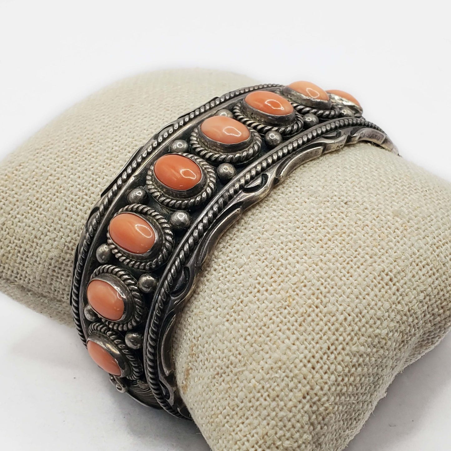 George Begay Navajo Salmon Pink Coral Cabochon Cuff Bracelet Sterling Silver