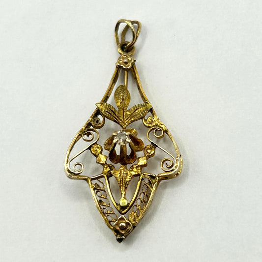 14k Yellow Gold Filigree Lavalier Pendant with .05ct Old Mine Cut Diamond
