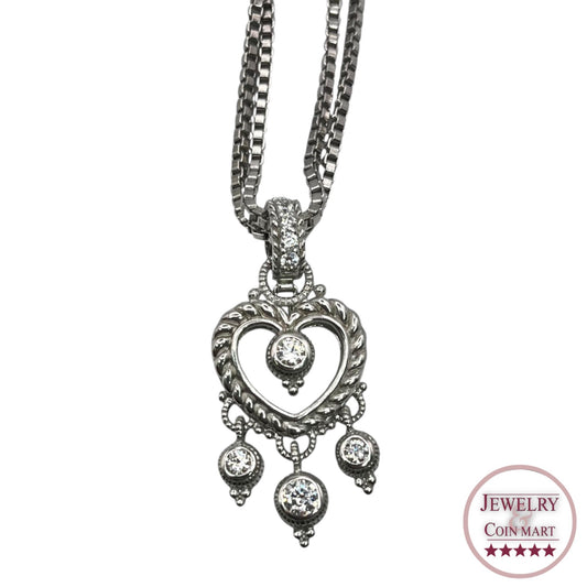 Judith Ripka 925 Sterling Silver Double Box Chain Heart Pendant CZ Classic Love