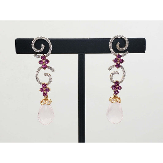 Rose Quartz Pink Tourmaline & Diamond Dangle Drop Earrings 10k Gold