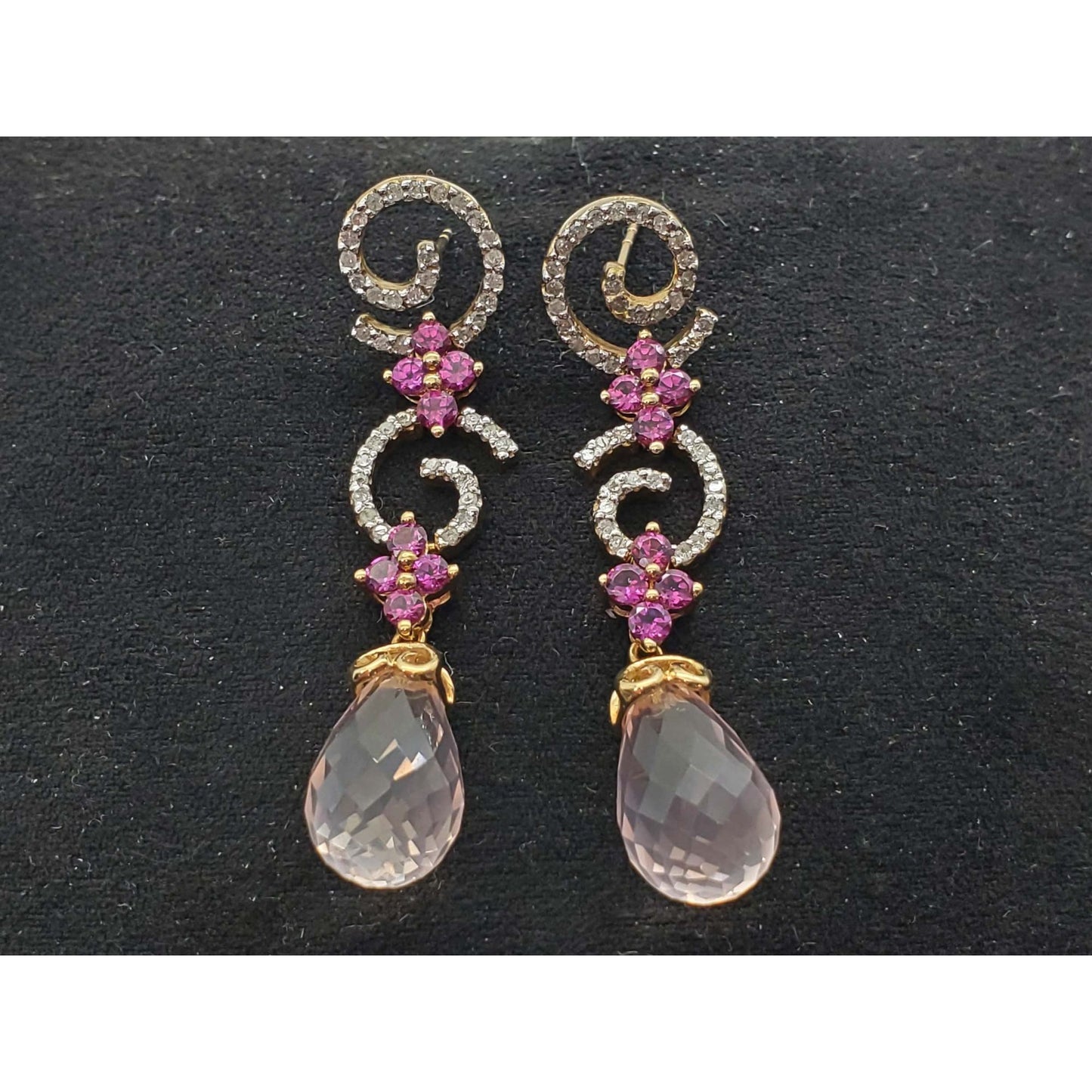 Rose Quartz Pink Tourmaline & Diamond Dangle Drop Earrings 10k Gold