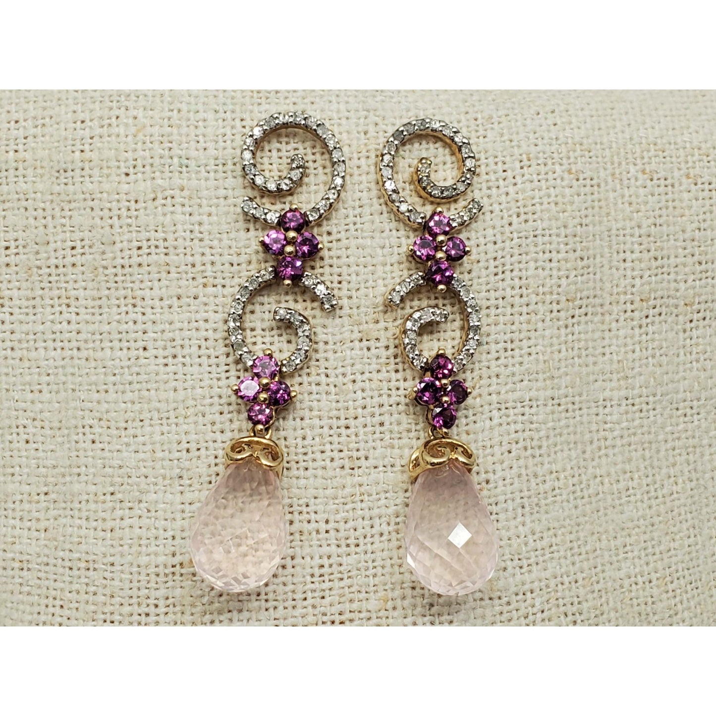 Rose Quartz Pink Tourmaline & Diamond Dangle Drop Earrings 10k Gold