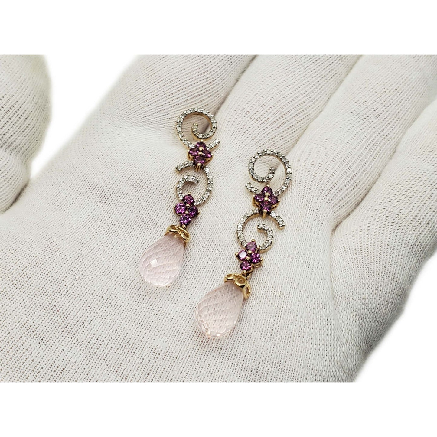 Rose Quartz Pink Tourmaline & Diamond Dangle Drop Earrings 10k Gold