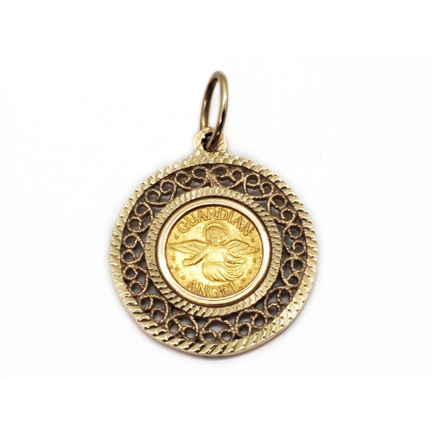 Guardian Angel .999 Gold Coin in 14k Gold Filigree Bezel Pendant