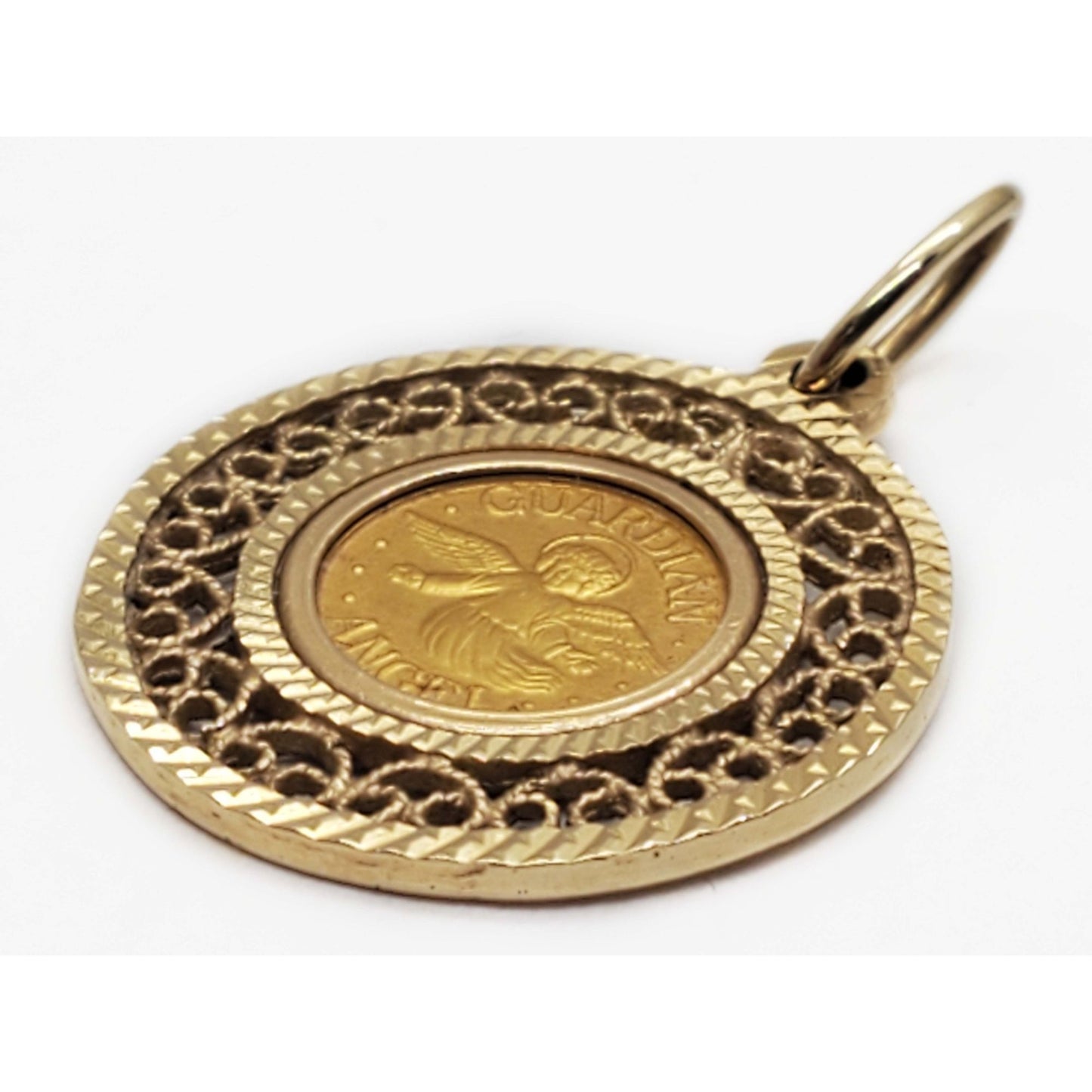Guardian Angel .999 Gold Coin in 14k Gold Filigree Bezel Pendant