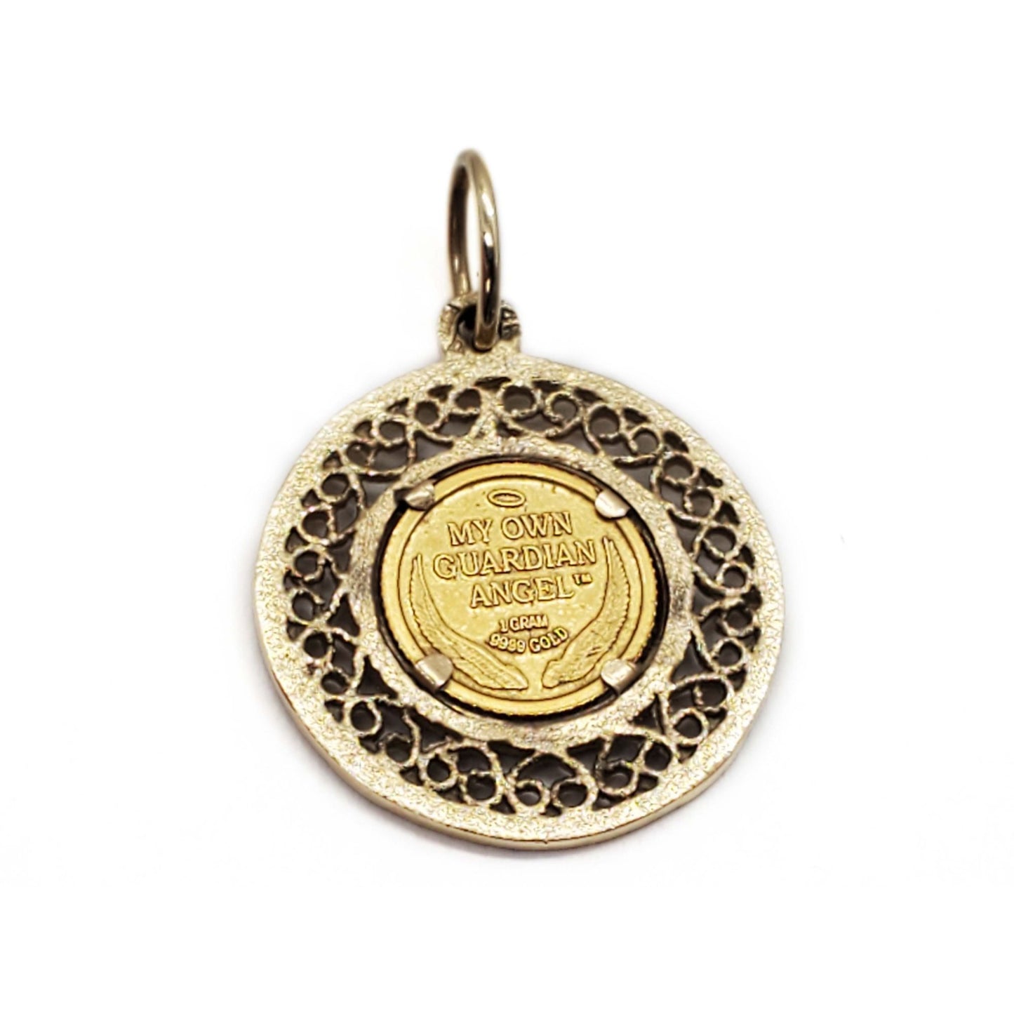 Guardian Angel .999 Gold Coin in 14k Gold Filigree Bezel Pendant