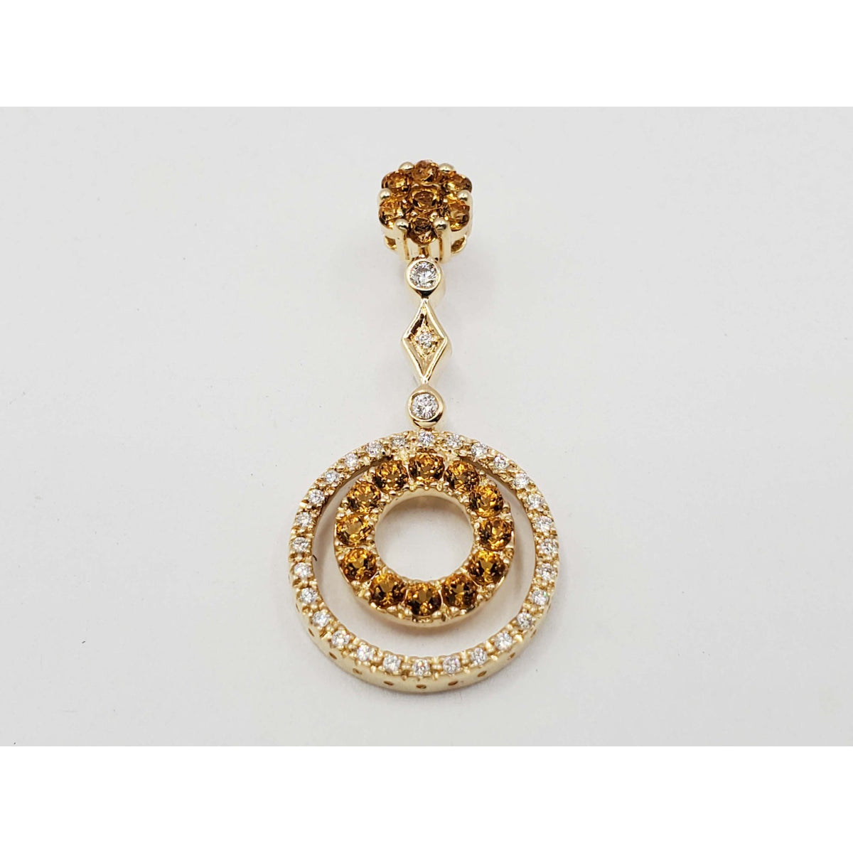 Citrine & Diamond Double Circle Drop Pendant 14k Gold