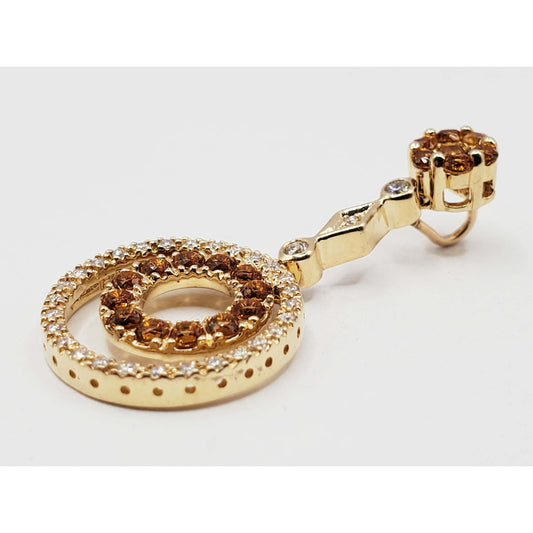 Citrine & Diamond Double Circle Drop Pendant 14k Gold