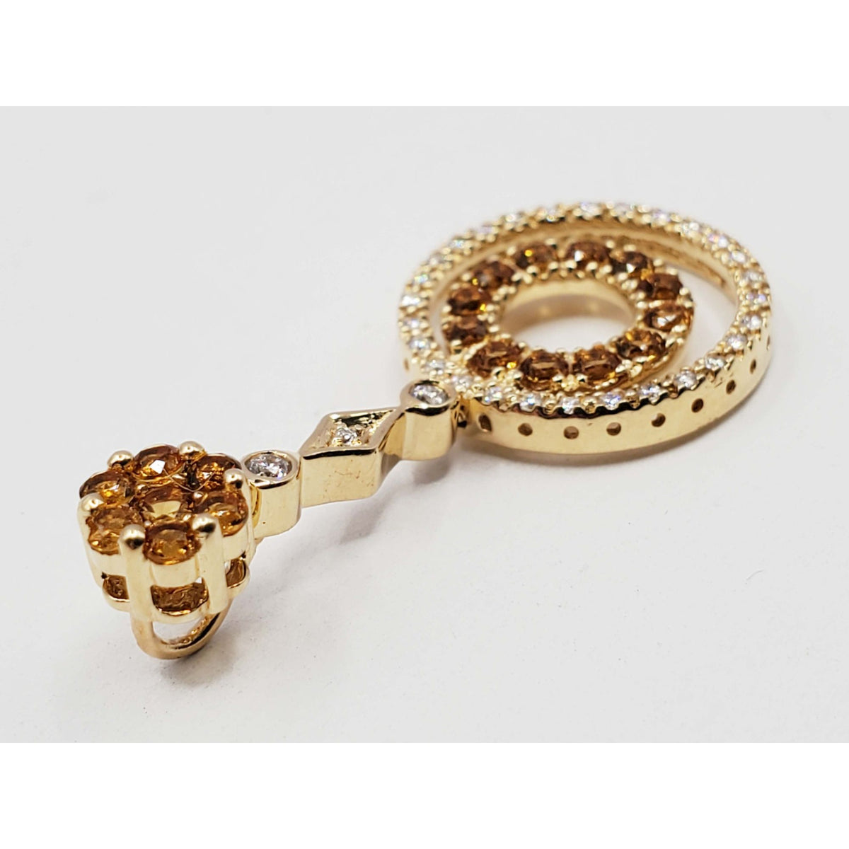 Citrine & Diamond Double Circle Drop Pendant 14k Gold