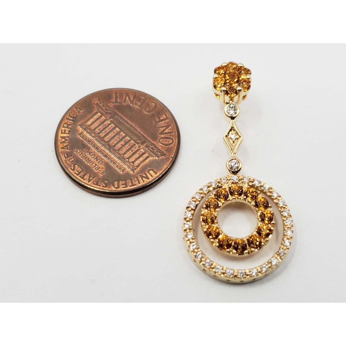 Citrine & Diamond Double Circle Drop Pendant 14k Gold