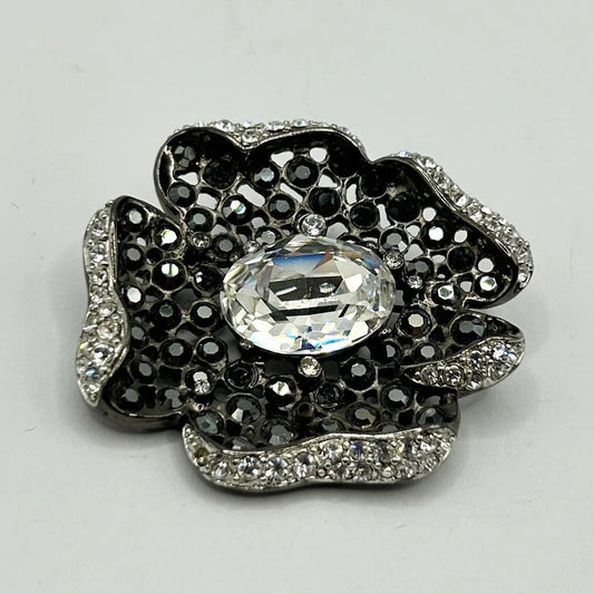 Kenneth Jay Lane KJL Gunmetal & Clear Crystal Flower Pin Brooch