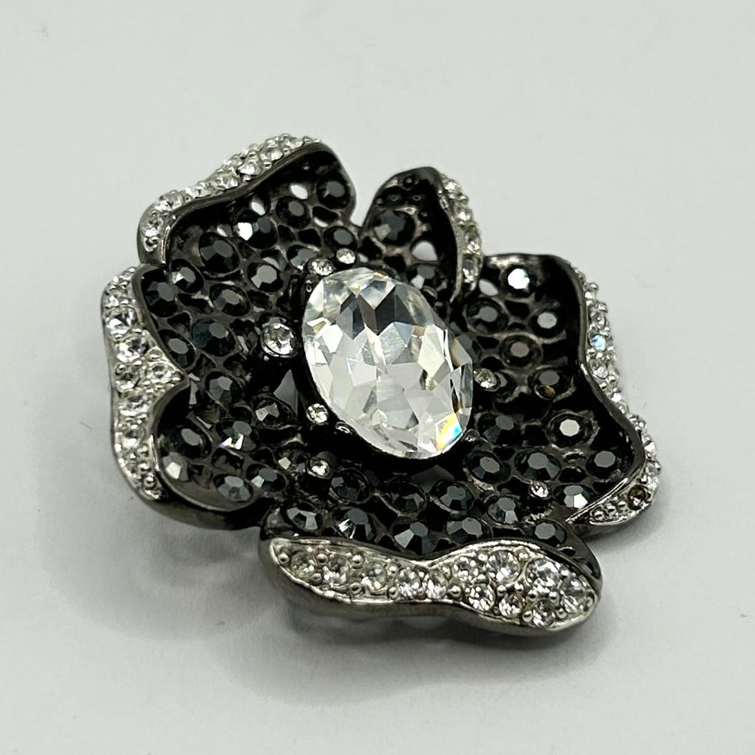 Kenneth Jay Lane KJL Gunmetal & Clear Crystal Flower Pin Brooch