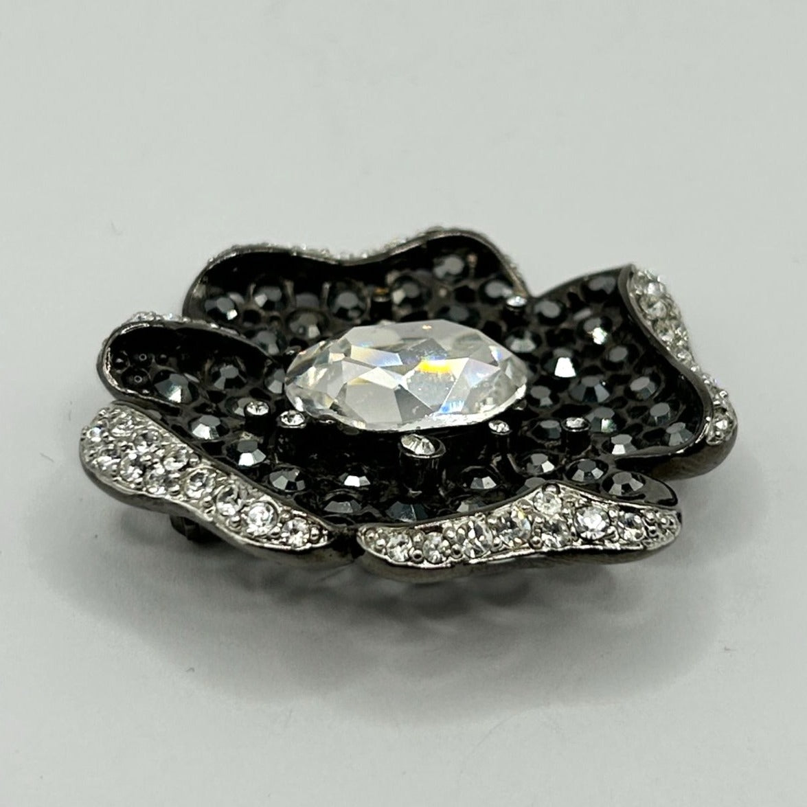 Kenneth Jay Lane KJL Gunmetal & Clear Crystal Flower Pin Brooch