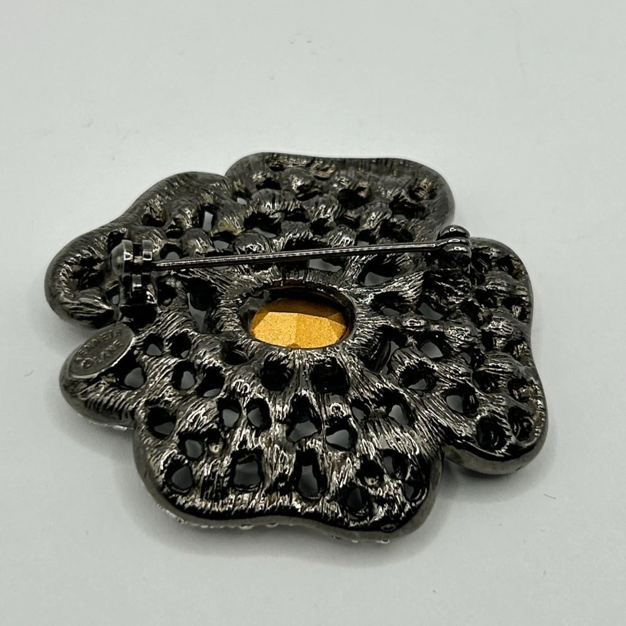 Kenneth Jay Lane KJL Gunmetal & Clear Crystal Flower Pin Brooch