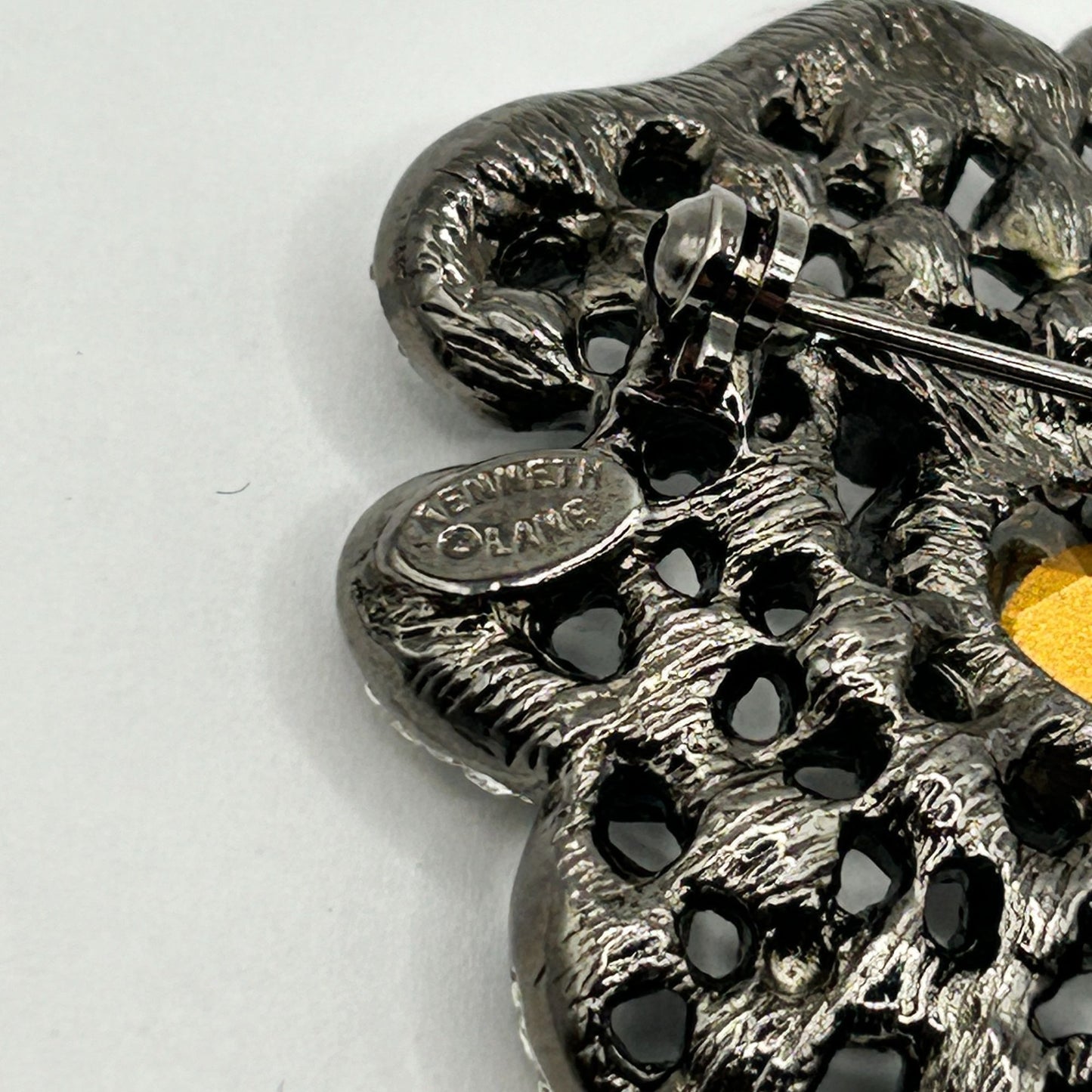 Kenneth Jay Lane KJL Gunmetal & Clear Crystal Flower Pin Brooch