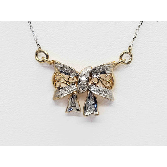 Diamond Filigree Bow Ribbon Pendant Chain Necklace 14k Yellow & White Gold