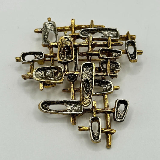 Vintage Signed ART MCM Abstract Modernist Brutalist Atomic Brass Tone Pin Brooch
