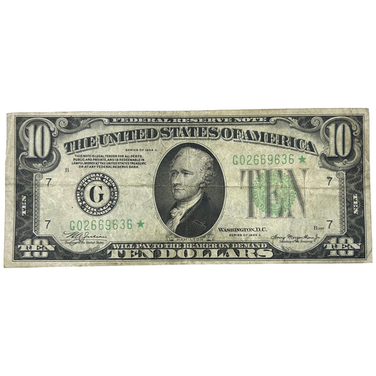 1934A $10 FRN G-Chicago Star Note, Light Green Seal, Circ VF