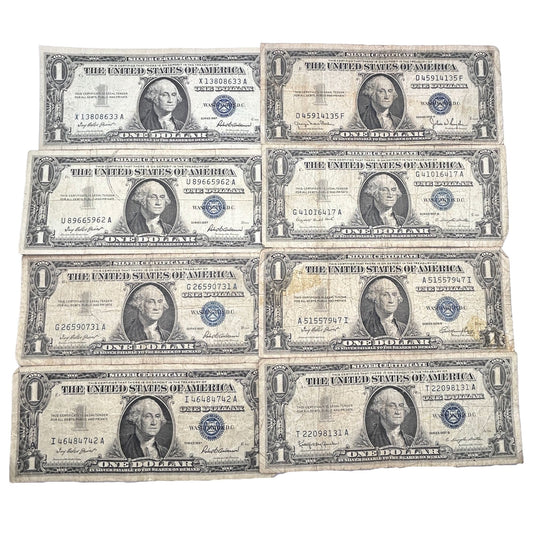 LOT of 8 1953-1957 $1 Bills, Blue Seal, Circulated Banknotes