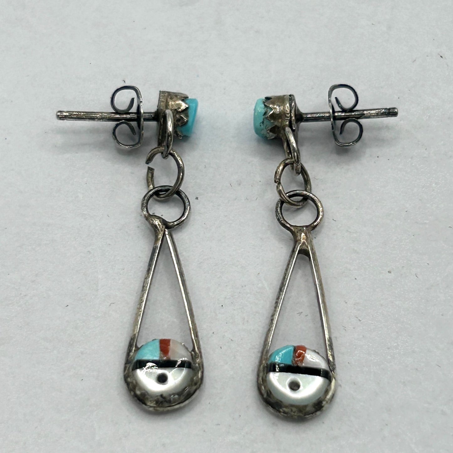 Traditional Zuni Sun Face Multi-Stone 925 Sterling Silver Dangle Earrings