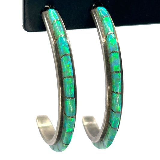 Vintage Green Fire Opal Inlay Half Hoop Earrings 925 Sterling Silver