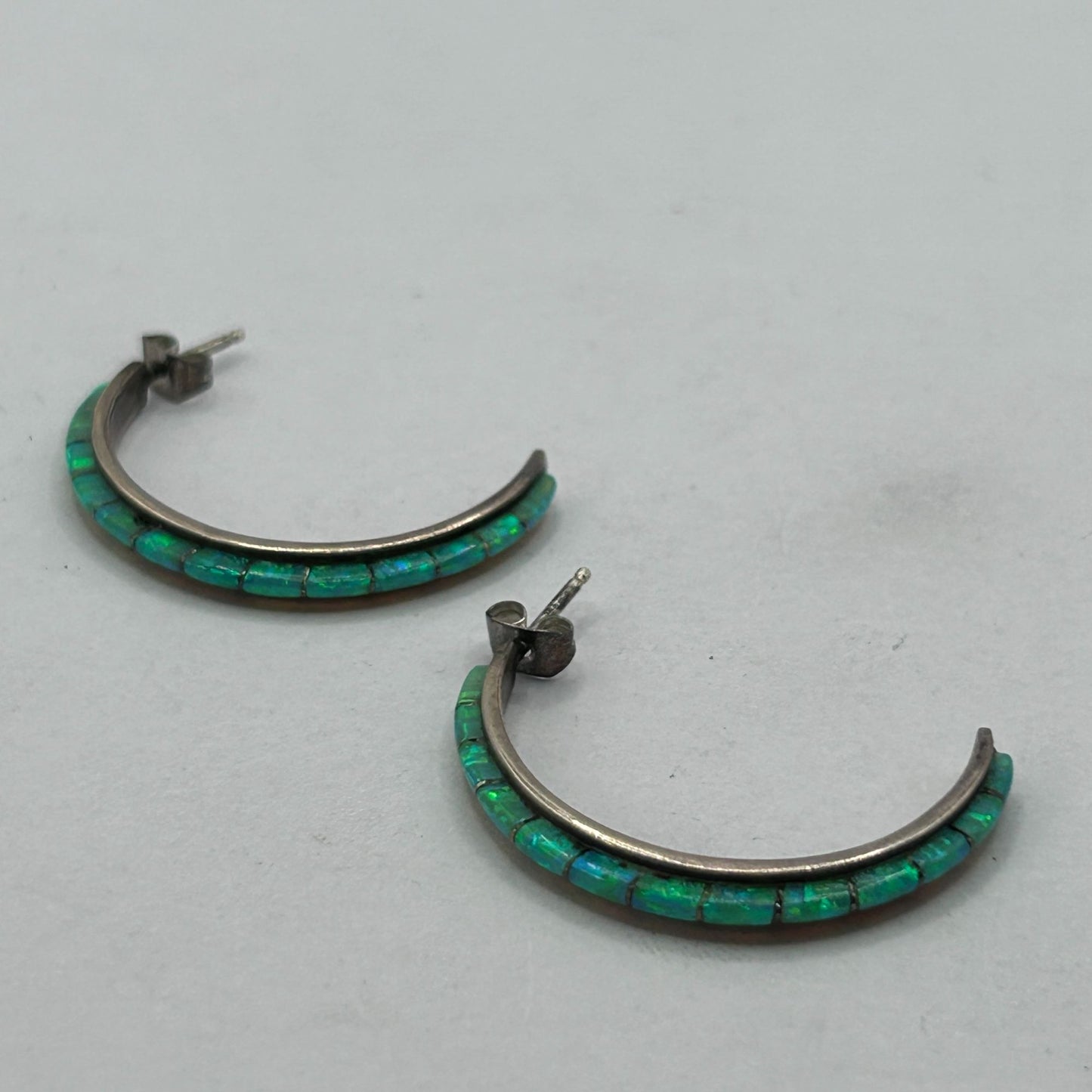 Vintage Green Fire Opal Inlay Half Hoop Earrings 925 Sterling Silver