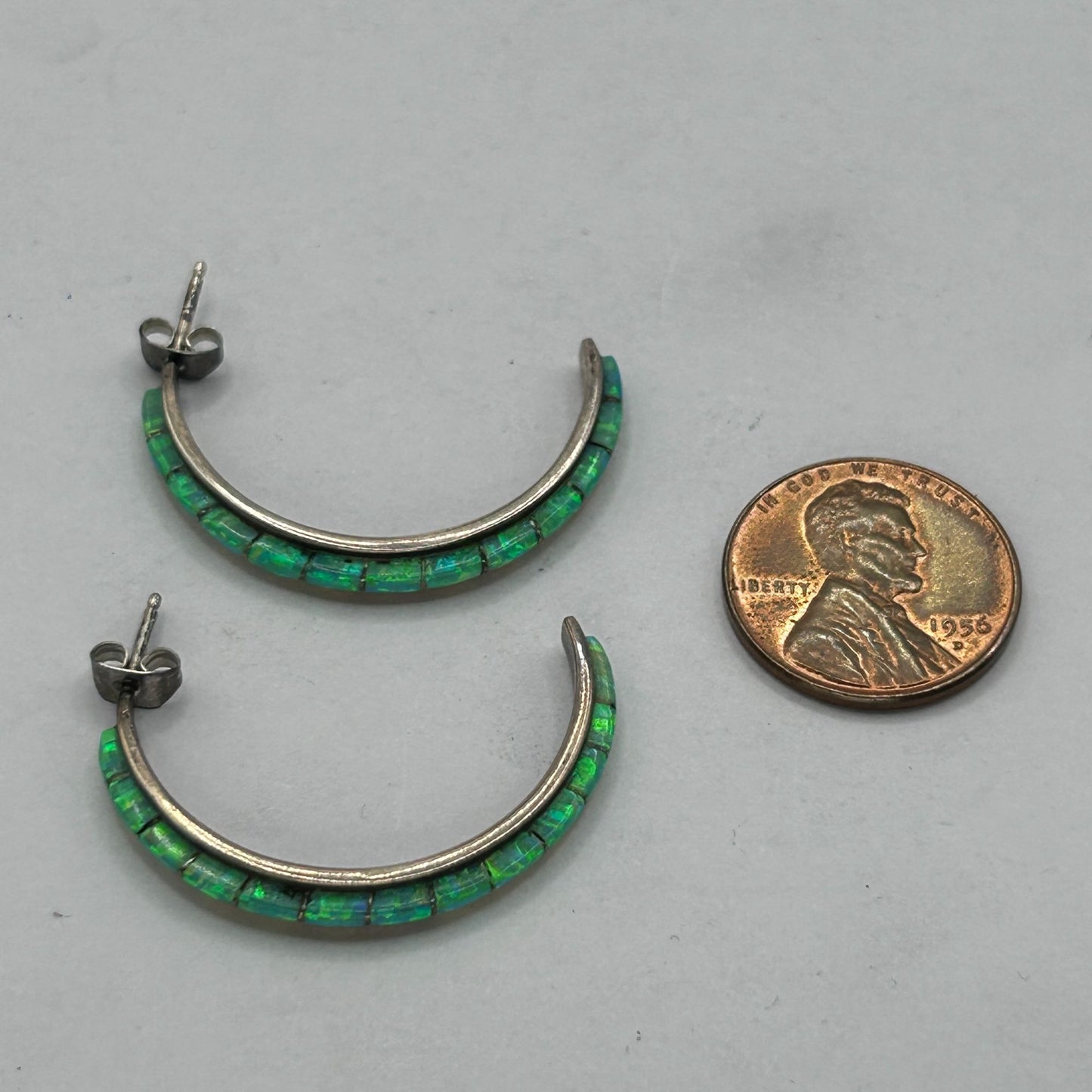 Vintage Green Fire Opal Inlay Half Hoop Earrings 925 Sterling Silver