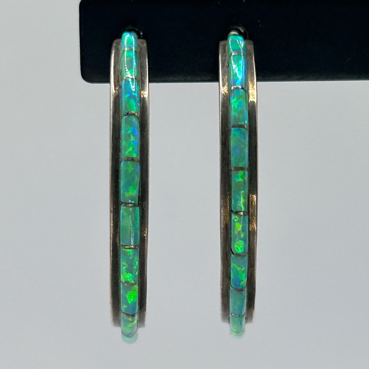 Vintage Green Fire Opal Inlay Half Hoop Earrings 925 Sterling Silver