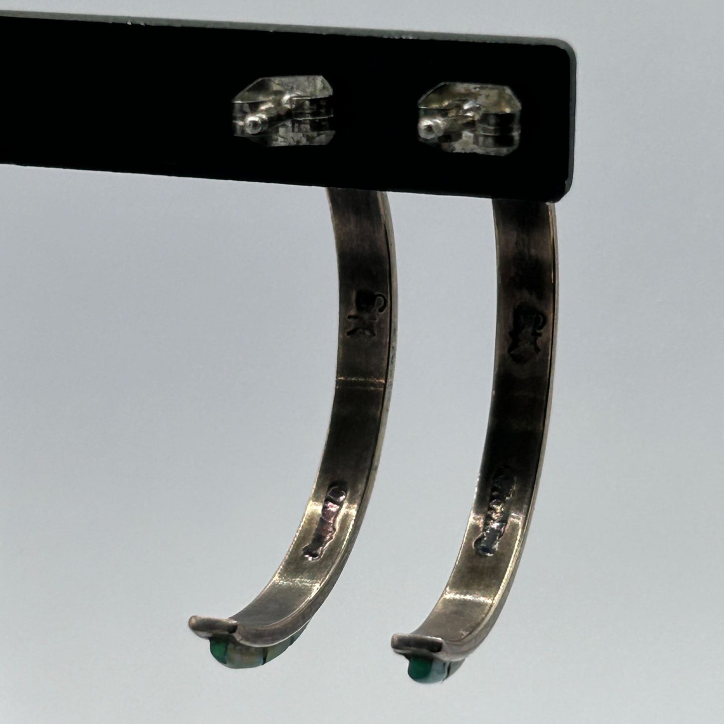 Vintage Green Fire Opal Inlay Half Hoop Earrings 925 Sterling Silver