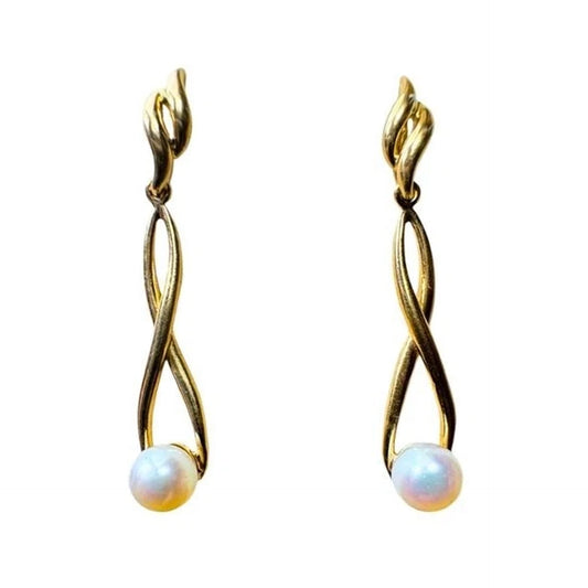 14k Gold Twisted Pearl Dangle Earrings
