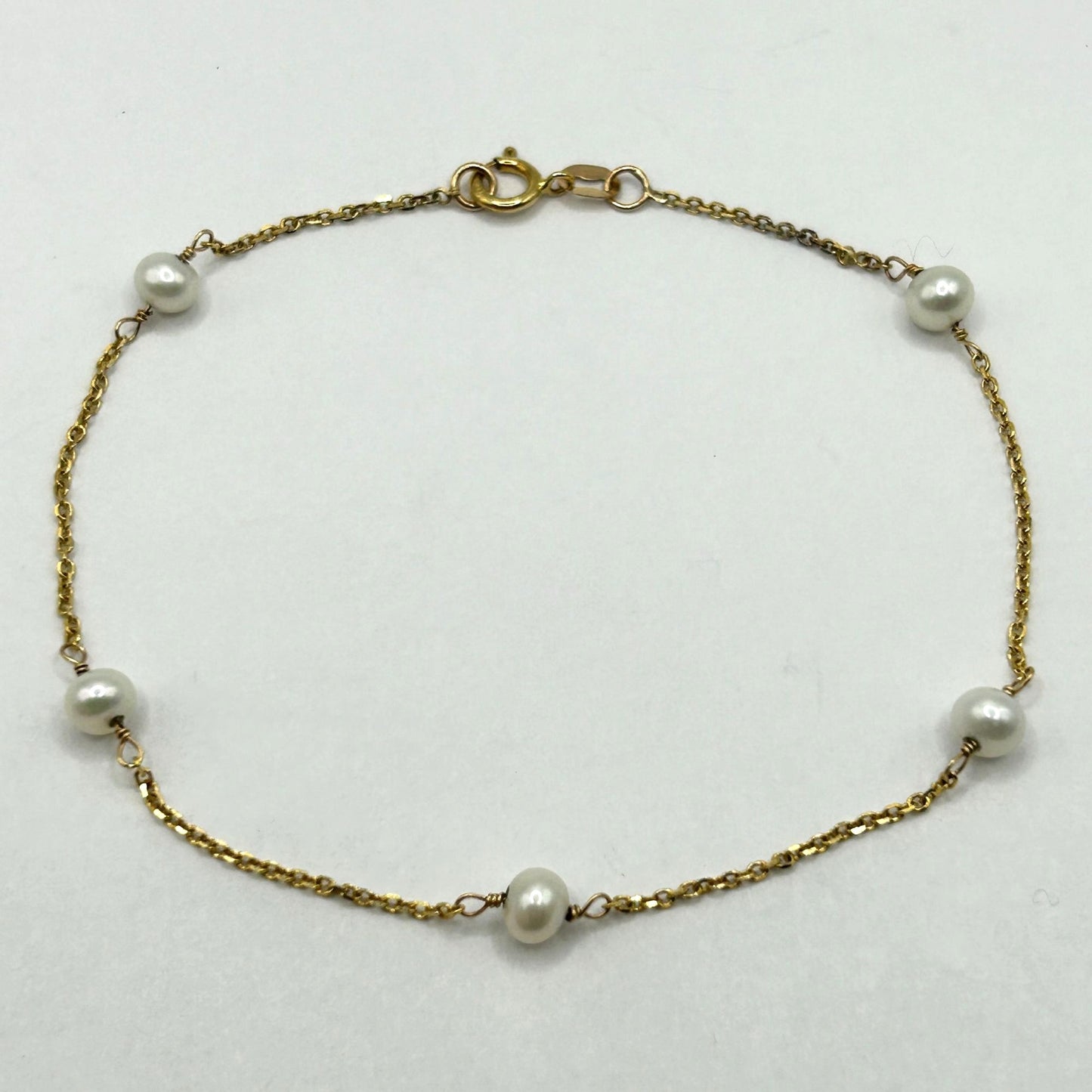 14k Yellow Gold Chain Station Bracelet with Pearls - 1.2g