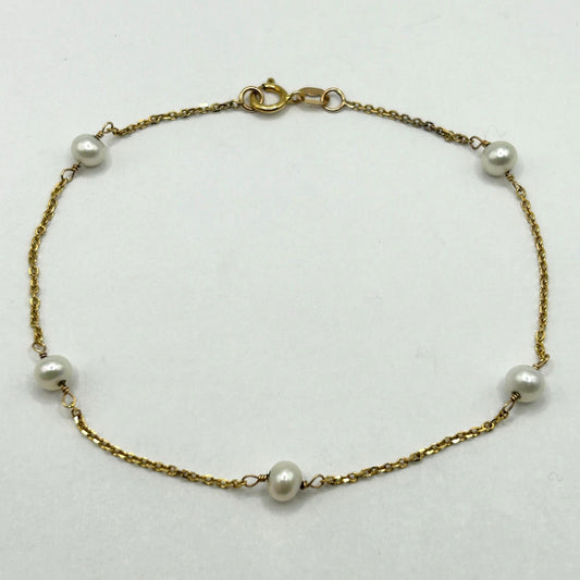 14k Yellow Gold Chain Station Bracelet with Pearls - 1.2g