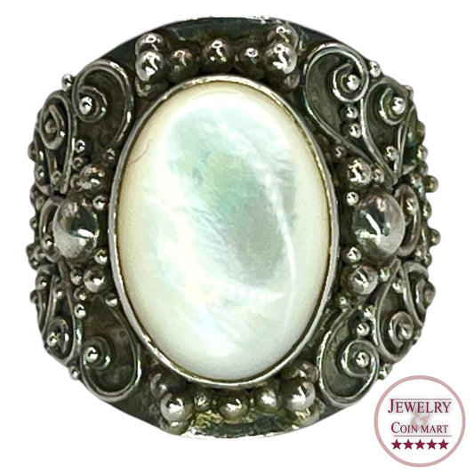 Vintage Ornate 925 Sterling Silver BA SUARTI Mother of Pearl Ring Size 6 Chunky