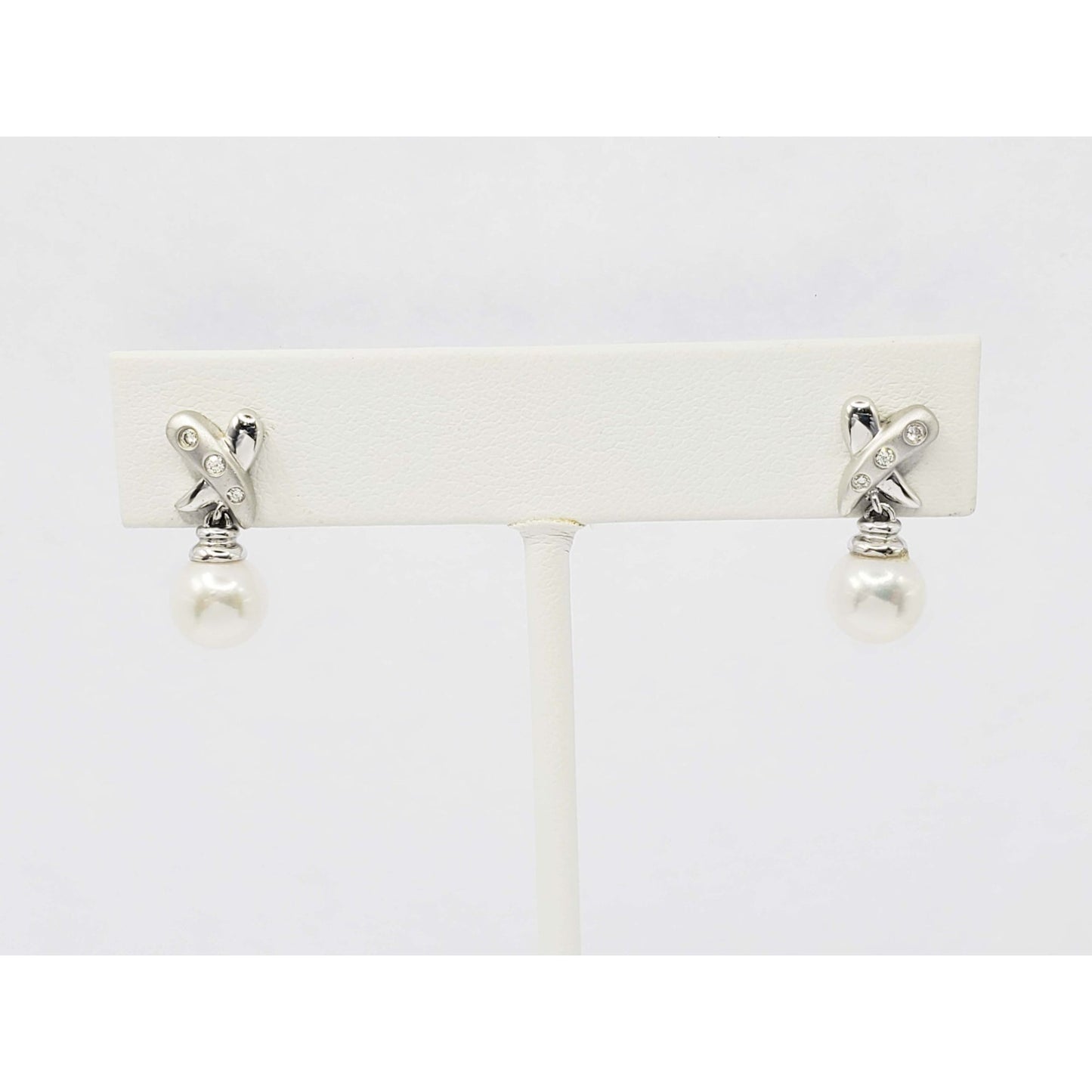 7mm Wide Pearl Bead & Diamond Accent X Drop Earrings 14k White Gold