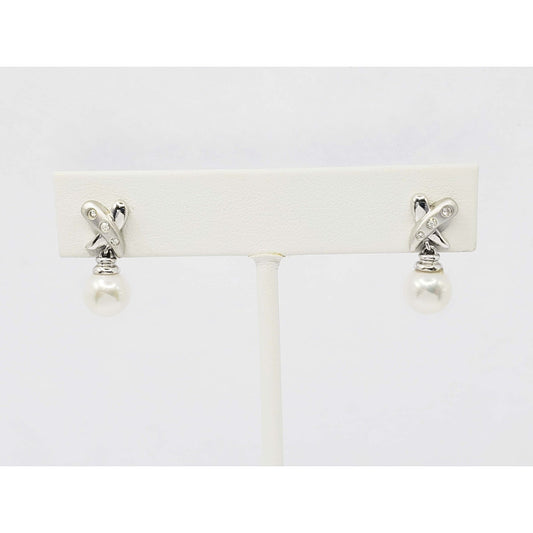 7mm Wide Pearl Bead & Diamond Accent X Drop Earrings 14k White Gold