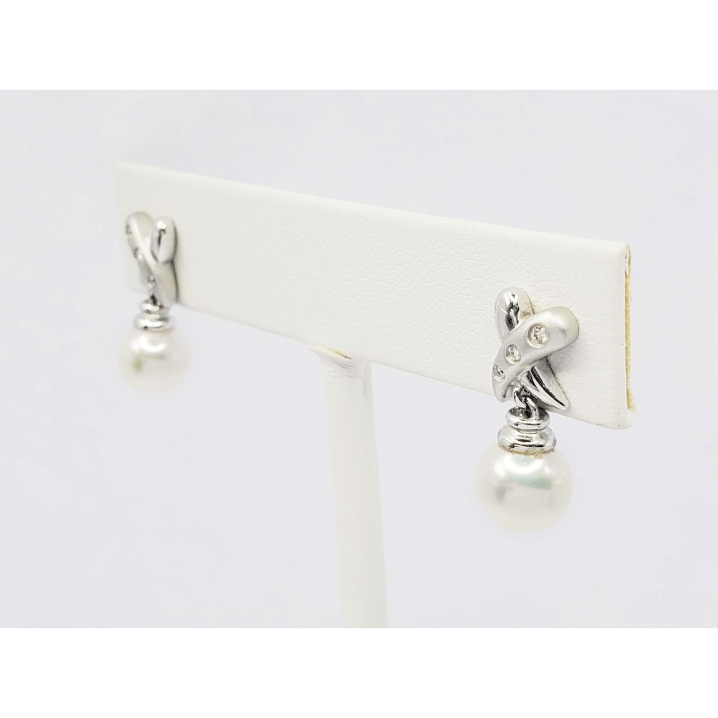 7mm Wide Pearl Bead & Diamond Accent X Drop Earrings 14k White Gold