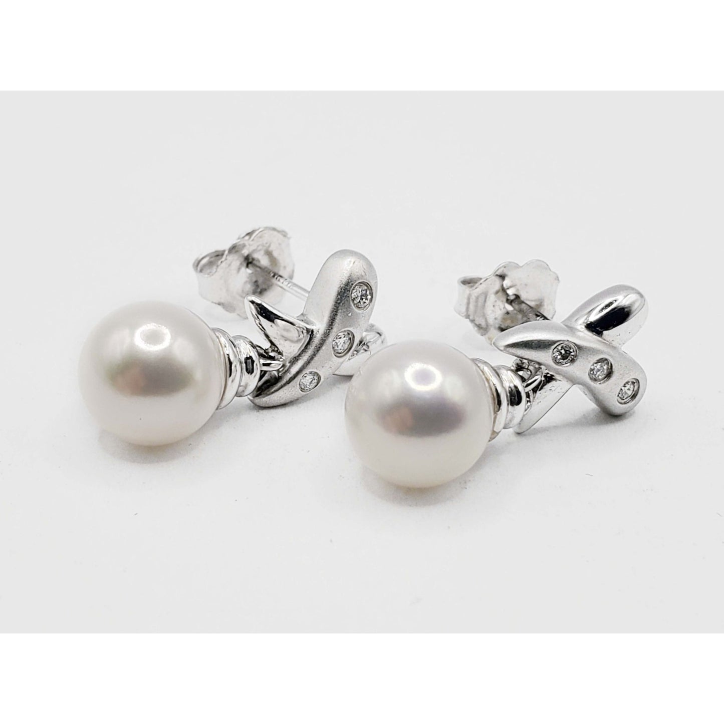 7mm Wide Pearl Bead & Diamond Accent X Drop Earrings 14k White Gold