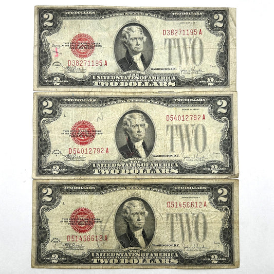 LOT OF 3 Series of 1928-F $2 Two Dollar Bill Red Seal United States Note