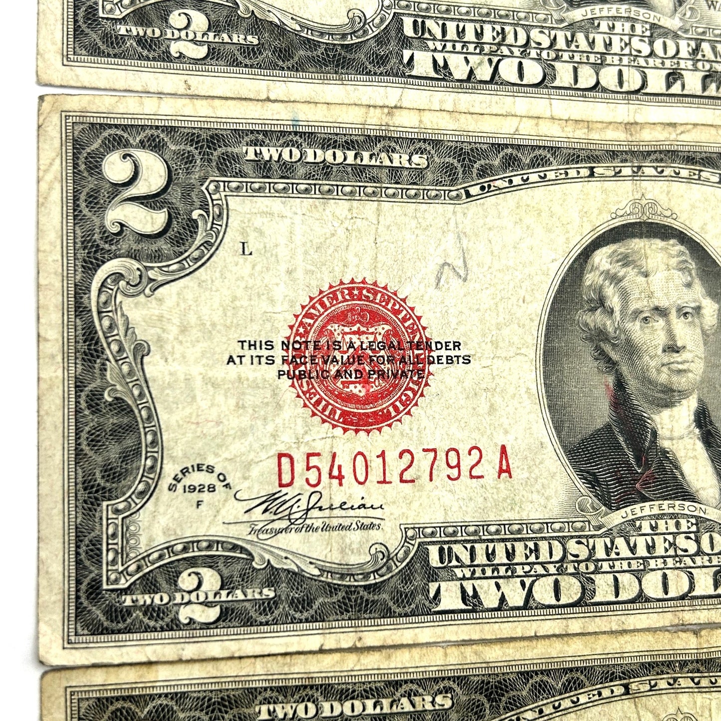 LOT OF 3 Series of 1928-F $2 Two Dollar Bill Red Seal United States Note