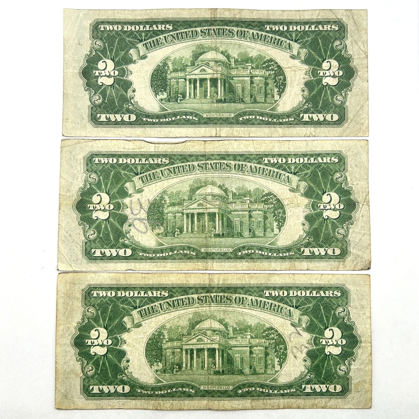 LOT OF 3 Series of 1928-F $2 Two Dollar Bill Red Seal United States Note
