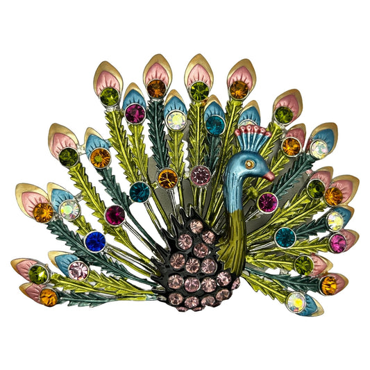 Princess Amanda Borghese Brooch Large Colorful Rhinestone Peacock w/Pendant Loop