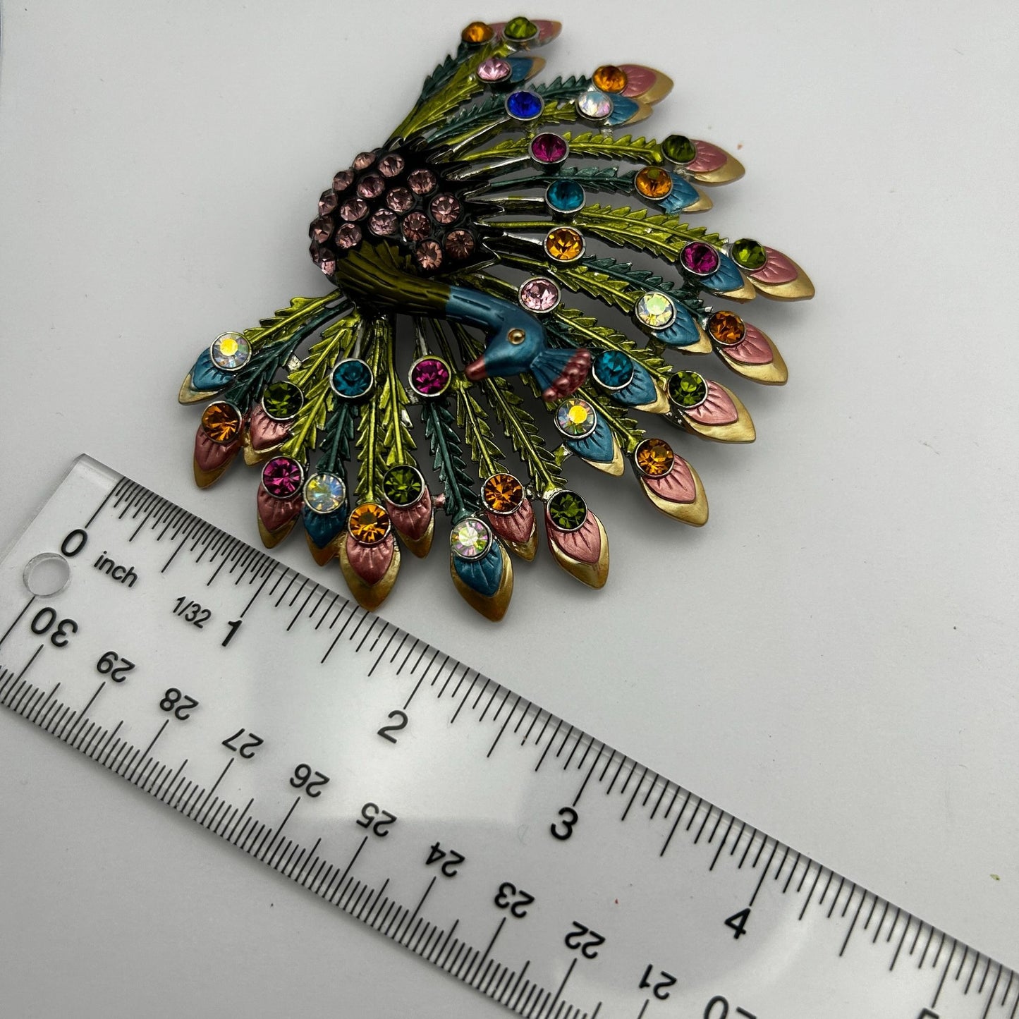 Princess Amanda Borghese Brooch Large Colorful Rhinestone Peacock w/Pendant Loop