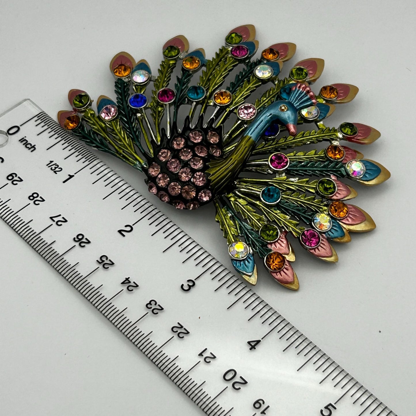 Princess Amanda Borghese Brooch Large Colorful Rhinestone Peacock w/Pendant Loop