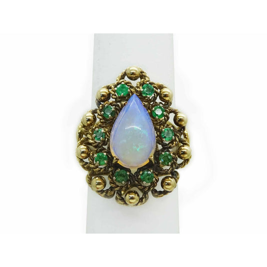 Vintage Natural Pear Jelly Opal & Emerald Halo Cocktail Ring 14k Gold Size 6.5