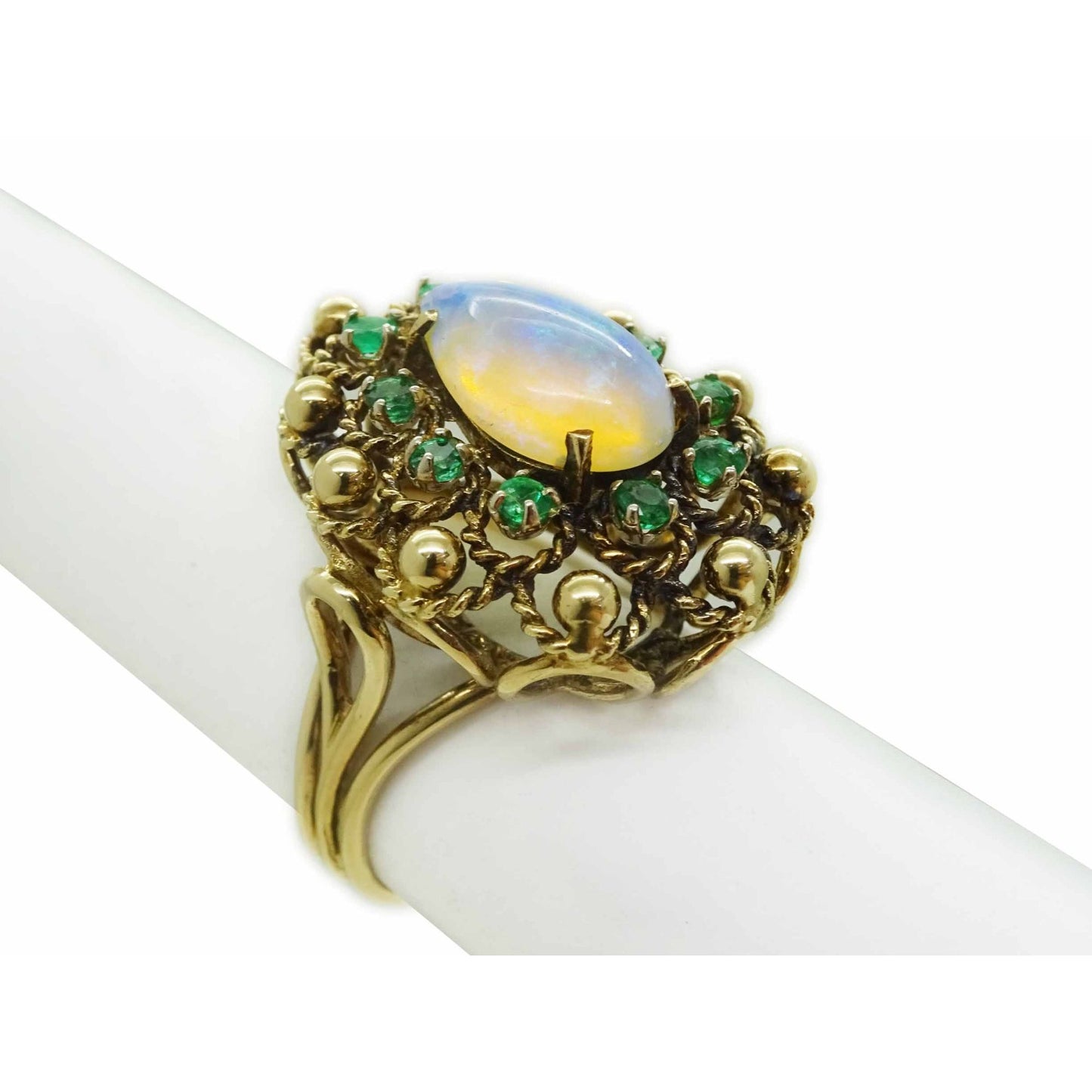 Vintage Natural Pear Jelly Opal & Emerald Halo Cocktail Ring 14k Gold Size 6.5