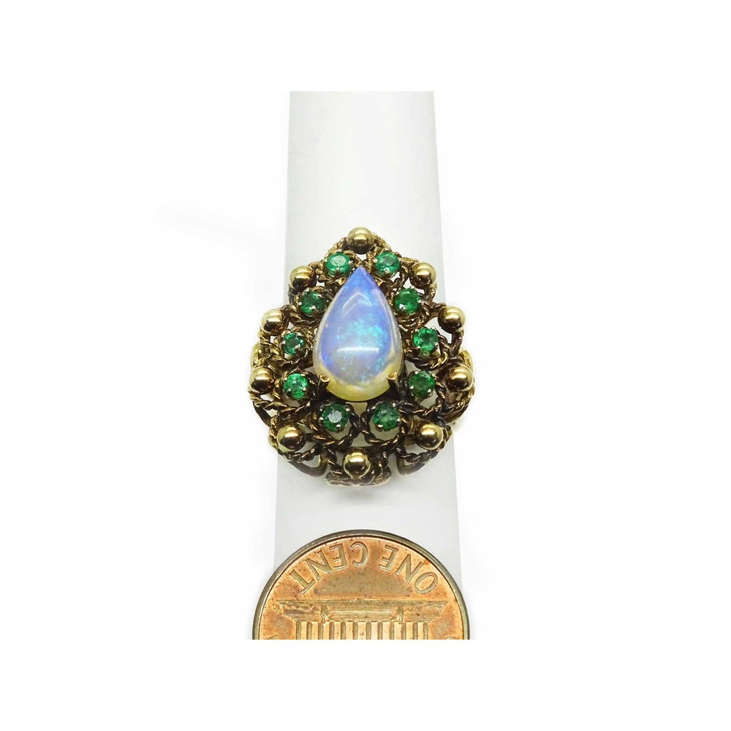Vintage Natural Pear Jelly Opal & Emerald Halo Cocktail Ring 14k Gold Size 6.5