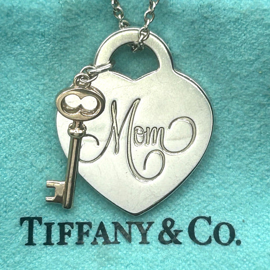 Tiffany & Co. 925 Sterling Silver 'Mom' Heart Pendant w Key 18" Necklace