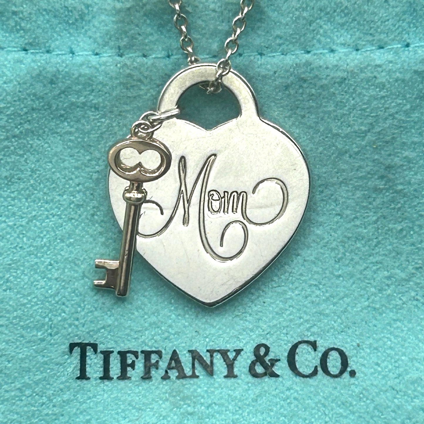 Tiffany & Co. 925 Sterling Silver 'Mom' Heart Pendant w Key 18" Necklace