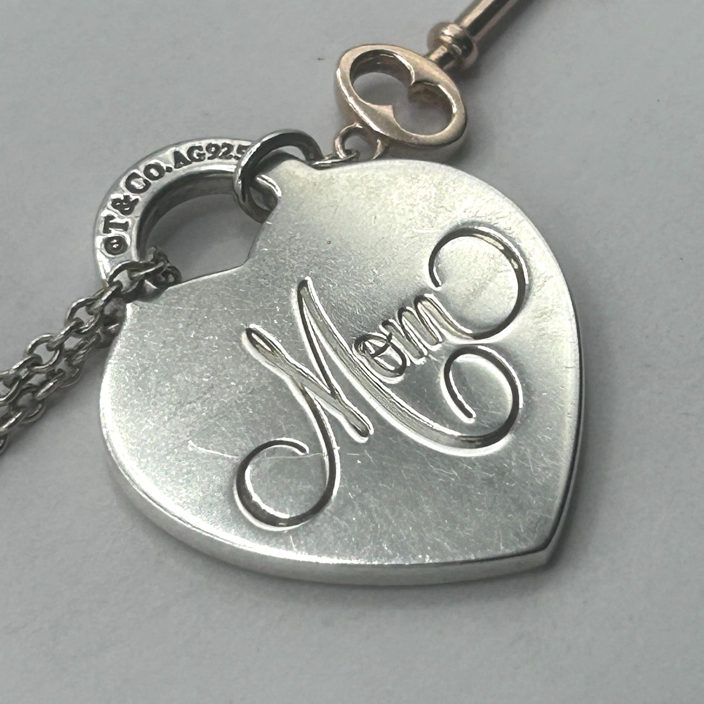 Tiffany & Co. 925 Sterling Silver 'Mom' Heart Pendant w Key 18" Necklace